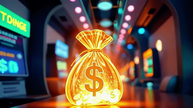 Glowing money bag in a vibrant casino setting with colorful lights and gaming machines in view