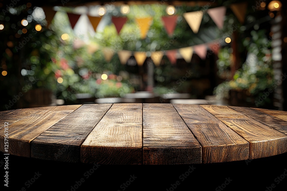 Poster a blurred image of a party in a garden with an empty wooden table in the foreground