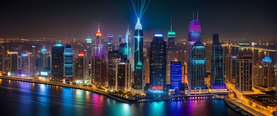 Fototapeta premium A vibrant city skyline glittering at night with high rise buildings adorned with colorful lights encapsulating the heartbeat of luxury urban living