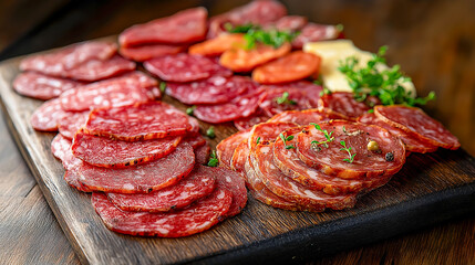 Gourmet charcuterie board with an assortment of thinly sliced cured meats, including salami and chorizo, garnished with herbs and cheese on rustic wooden platter