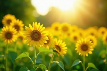 Obraz premium Vibrant Sunlit Sunflower Field at Golden Hour, Displaying a Stunning Array of Blooming Flowers with Lush Green Foliage