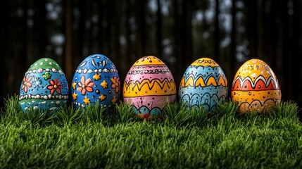 Fototapeta premium Colorful decorated Easter eggs arranged on vibrant green grass with a dark forest backdrop