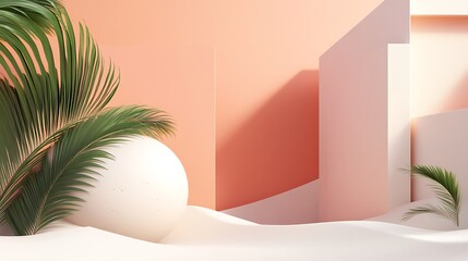 Minimalist Abstract Scene with Palm Leaves and Sphere