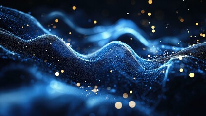 Abstract digital waves of blue particles with golden speckles