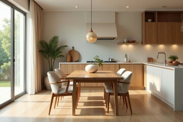 Modern minimalist kitchen dining area with sunlight streaming through large windows and wooden furniture
