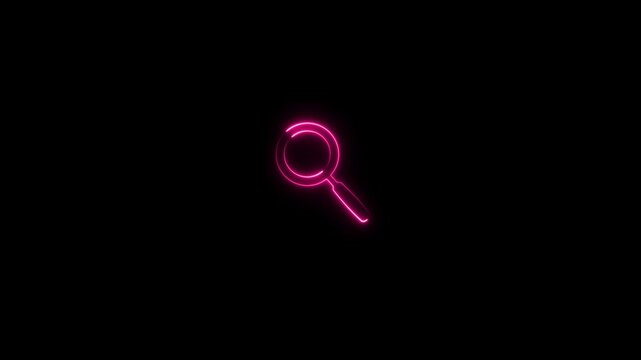 Neon line search icon video on black background. Magnifying glass icon symbolizing search or zoom functions investigation concept animation. Glowing neon magnifying Glass Icon animation.