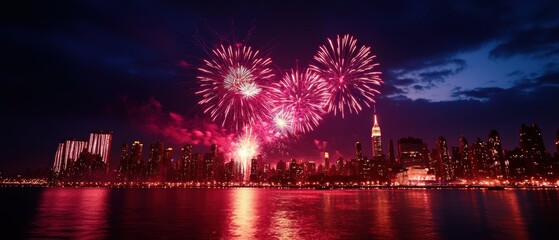 Obraz premium A vibrant fireworks display over a city skyline, illuminating the night sky with pink and purple hues, reflecting beautifully on the water.