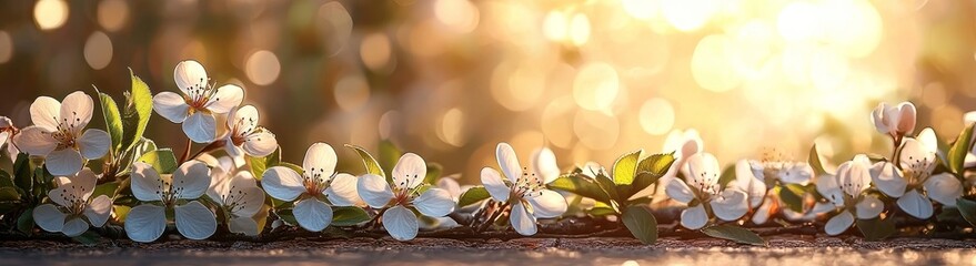 Spring background featuring white blossoms and sunbeams. Bright perspective of an apple orchard. Banner