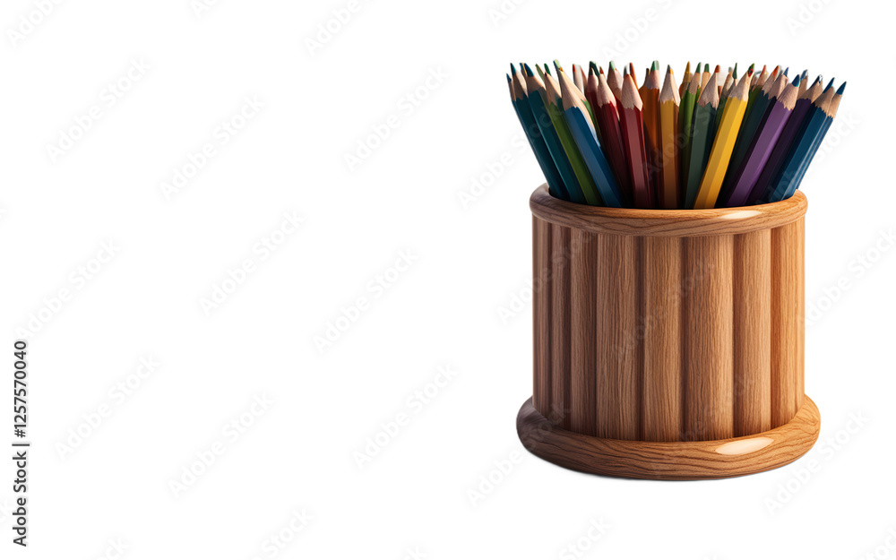 Poster A wooden pencil holder with a set of sharpened pencils, isolated on a empty plain background