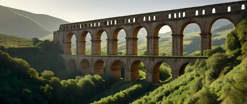 An impressive ancient aqueduct standing tall against a backdrop of verdant hills showcasing engineering marvels from the past