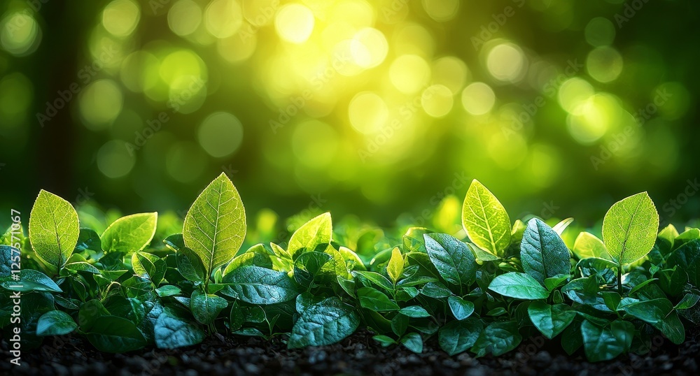 Poster green spring nature softly blurred within a circular bokeh, offering space for copy