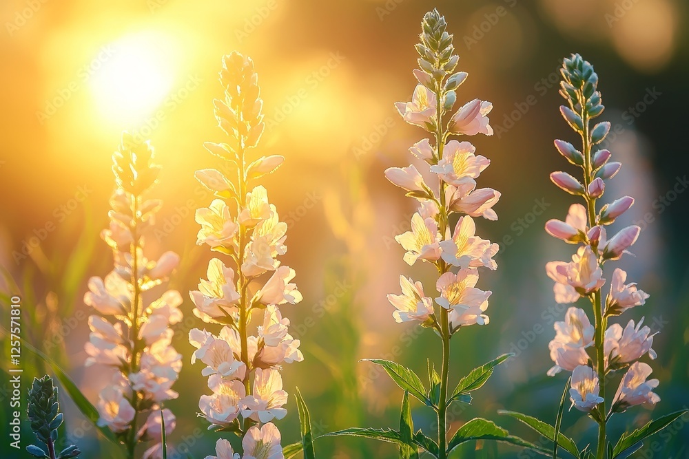 Poster grass and wildflowers bask in sunlight in a meadow. natural background with a rustic texture. retro 