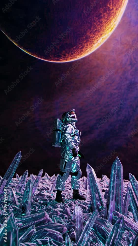Poster A soft, surreal backdrop of multi-colored planetary orbs floating amidst nebula clouds, framing an astronaut poised on a rocky alien outcrop for an ethereal sci-fi effect.