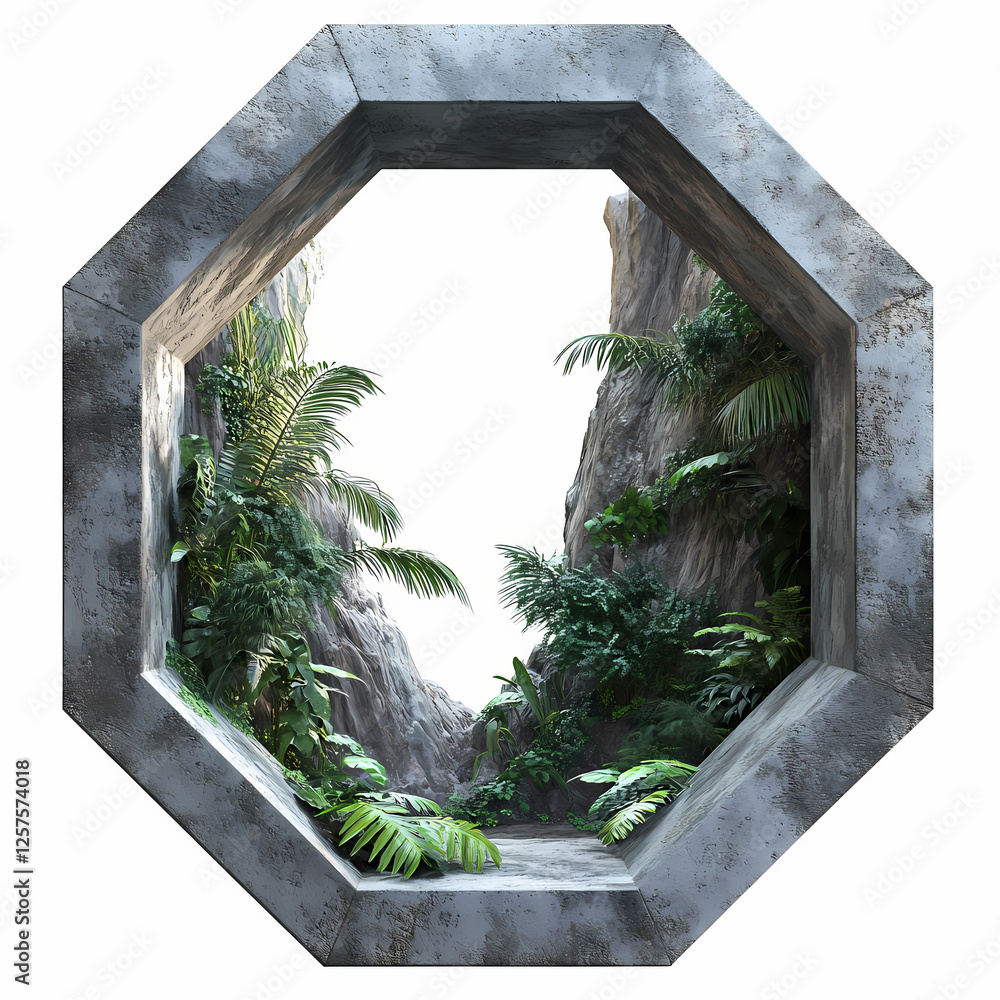 Poster view of lush greenery through an octagonal stone frame in daylight. generative ai