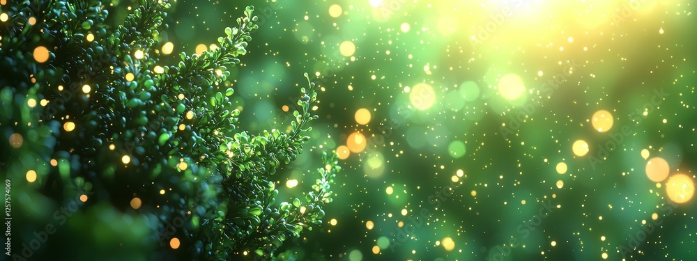 Poster spring background - abstract banner with green blurred bokeh lights