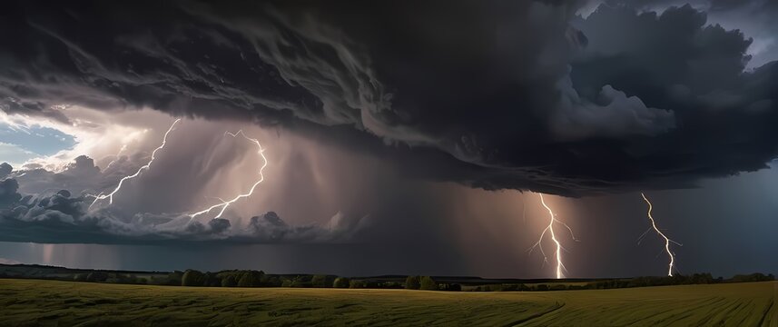 Dramatic storm clouds rolling over a tranquil countryside inviting exploration of the beauty and power of nature