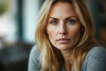 Fototapeta premium A close-up of a mature woman captures deep emotion and introspection, revealing strength and resilience in her gaze.