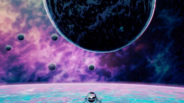 A soft, surreal backdrop of multi-colored planetary orbs floating amidst nebula clouds, framing an astronaut poised on a rocky alien outcrop for an ethereal sci-fi effect.