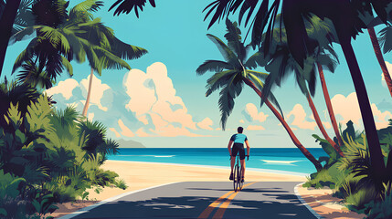 Illustration of a person riding a bicycle on the beach
