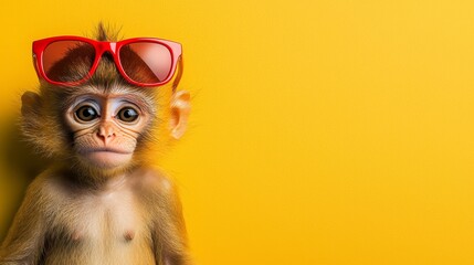 Obraz premium A monkey wearing red sunglasses on a yellow background