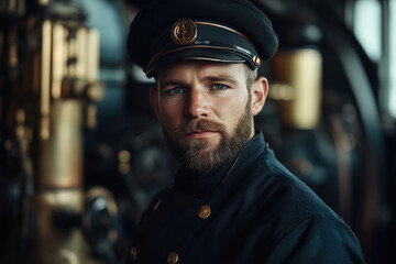 Obraz premium Portrait of Train Conductor in Navy Uniform with Captain's Hat and Beard