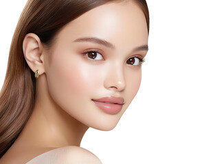 Obraz premium Portrait of a woman with long brown hair and elegant earrings, captivating closeup