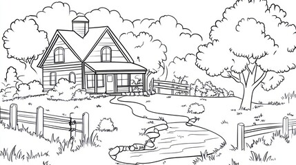 Country house, stream, trees, coloring page, peaceful scene