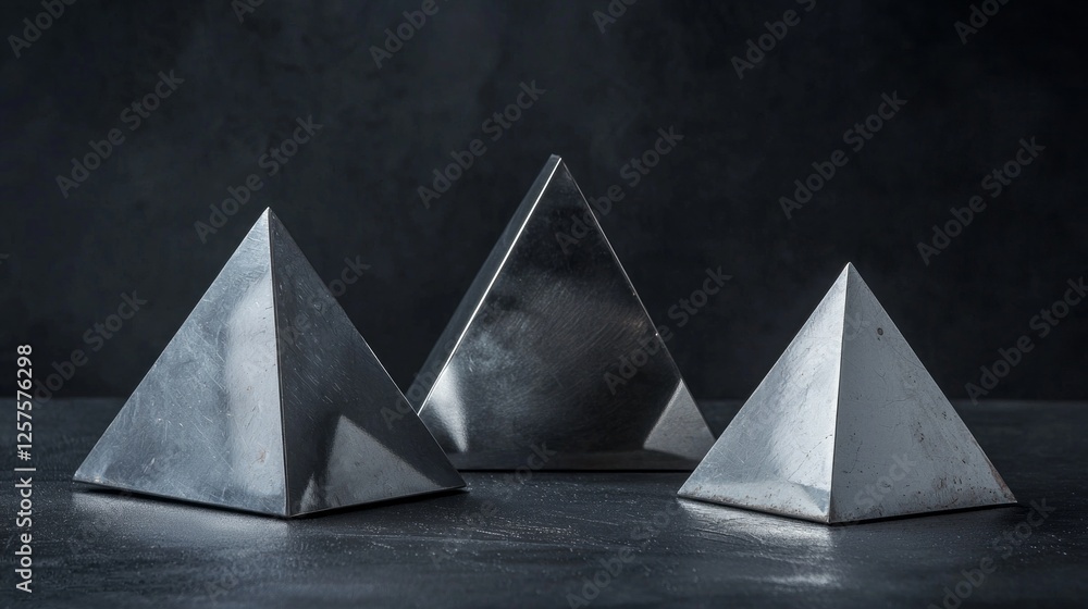 Aufkleber Three metallic pyramid shapes are arranged playfully on a dark grey surface. Their reflective surfaces catch soft light, enhancing their geometric allure and creating a sense of depth and intrigue