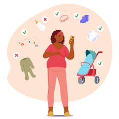 Pregnant woman cartoon character choosing baby goods using smartphone and online store service