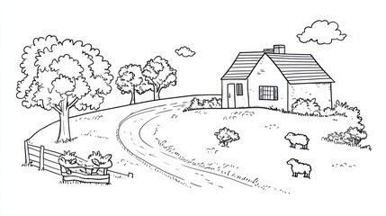Obraz premium Rural Cottage, Winding Road, Sheep Grazing, Idyllic Countryside, Coloring Book Illustration