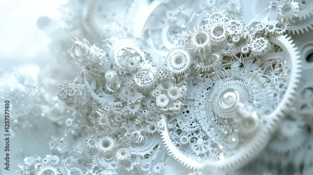Poster a gray abstract background featuring gears and tech elements on a white backdrop, representing a dig