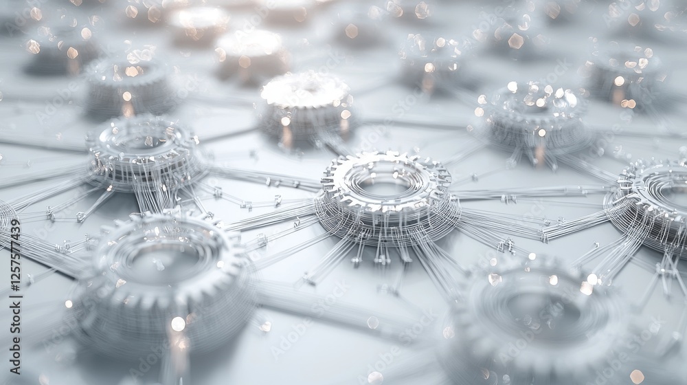 Poster an abstract design with gears and technological elements in gray on a white background, symbolizing 
