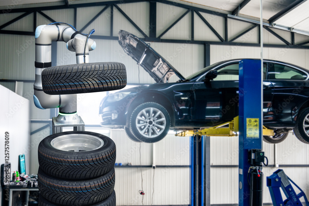 Poster Robot arm works in a car service