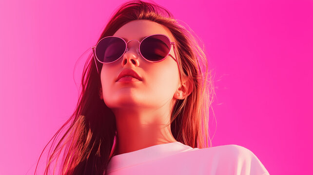 Young Woman in Round Sunglasses with Upward Angle on Vibrant Pink Background