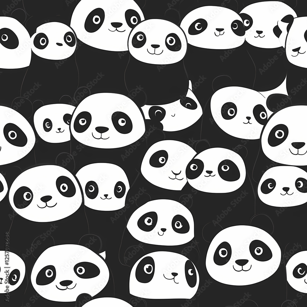 Poster cute panda designs create playful patterns on a black background. generative ai