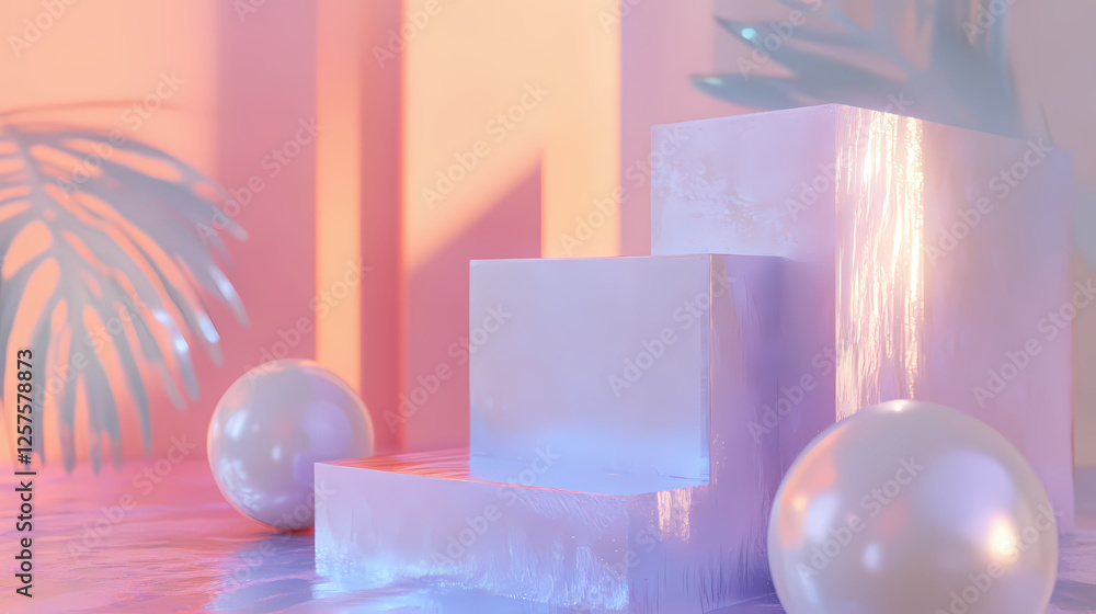 Poster abstract geometric composition with reflections and soft pastel colors. generative ai