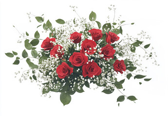 Red Roses with Baby's Breath and Green Leaves, Perfectly Arranged Against a White Background