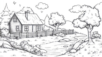 Rural house by stream, idyllic landscape, coloring page