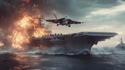Jet approaching a warship engulfed in flames amidst a vast ocean, showcasing intensity and drama, highlighting the ship's size and the jet's precision.