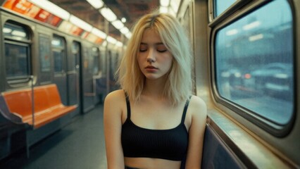 Portrait of a young woman sitting alone in a subway car during a quiet morning commute in an urban environment