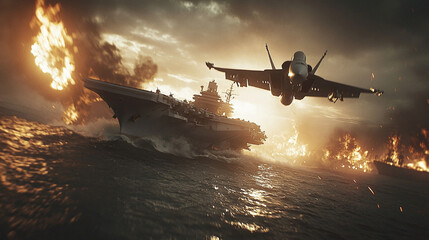 Military Strike: Aircraft carrier and fighter jet against a dramatic sky, explosions at sea, conveying intense action and power in a war-torn environment.