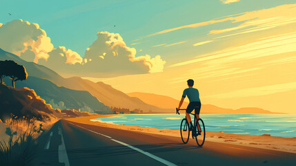 Fototapeta premium Illustration of a person riding a bicycle on the beach 