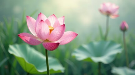 Serene Pink Lotus Blossoms in a Tranquil Natural Setting with Soft Morning Light and Delicate Green Foliage