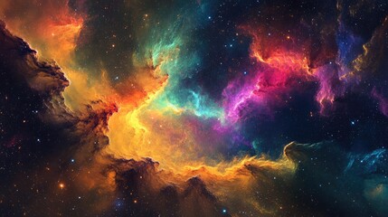 Fototapeta premium A colorful cosmic nebula with vibrant clouds of orange, pink, and blue, set a dark starry background. The abstract composition showcases a blend of light, texture, and glowing patterns. Generative AI