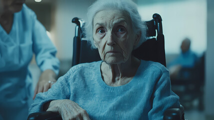 Elderly woman in wheelchair gazes pensively in a care facility. Generative AI
