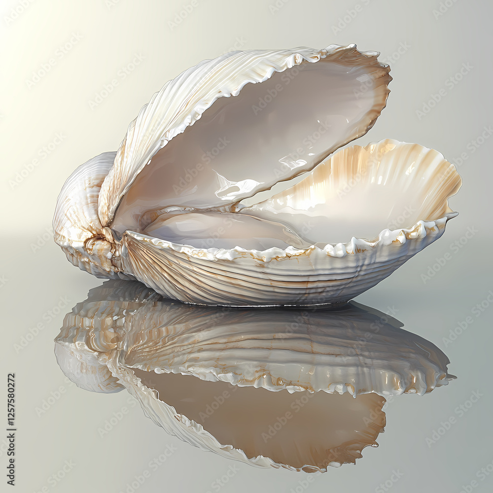 Poster a large, opened shell rests on a reflective surface showcasing its intricate patterns