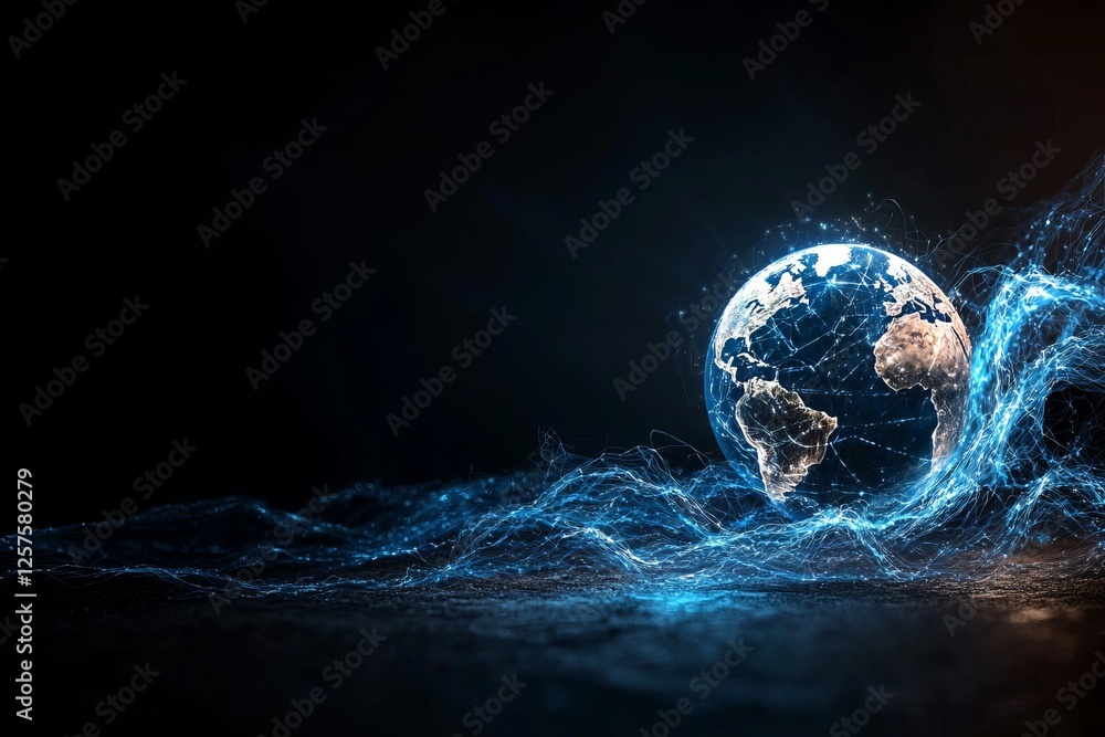 Poster an illustration of an artistic network spiderweb in cyberspace set against a globe with sunlight ref