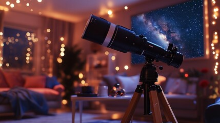 Home telescope, night view, cozy living room, starry sky background