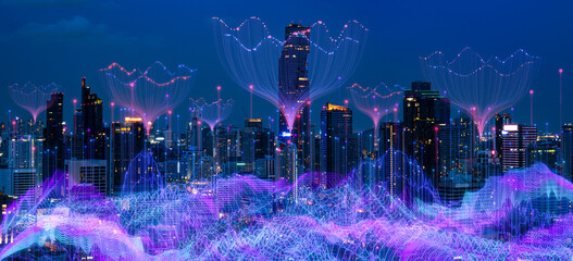 intelligence age and Ai growth for growth concept,Smart city and abstract dot point connect with gradient line and aesthetic Intricate wave line design,big data connection technology concept.