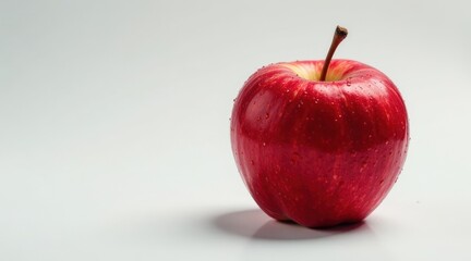 A single, glistening red apple with water droplets, perfectly positioned against a stark white background, showcasing its vibrant color and juicy texture.